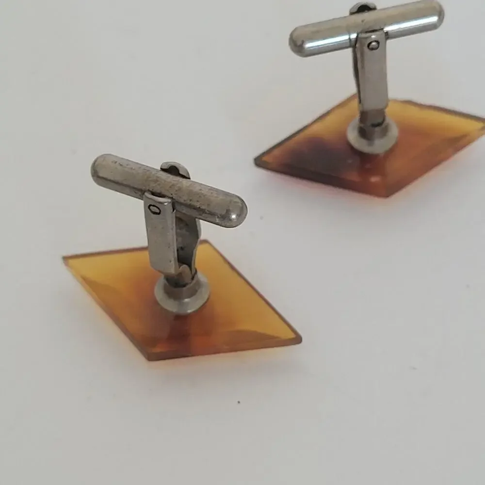 Silver Brown Turtoise Plastic Tone Cufflinks Vintage Trapezoid Retro Mid Century
